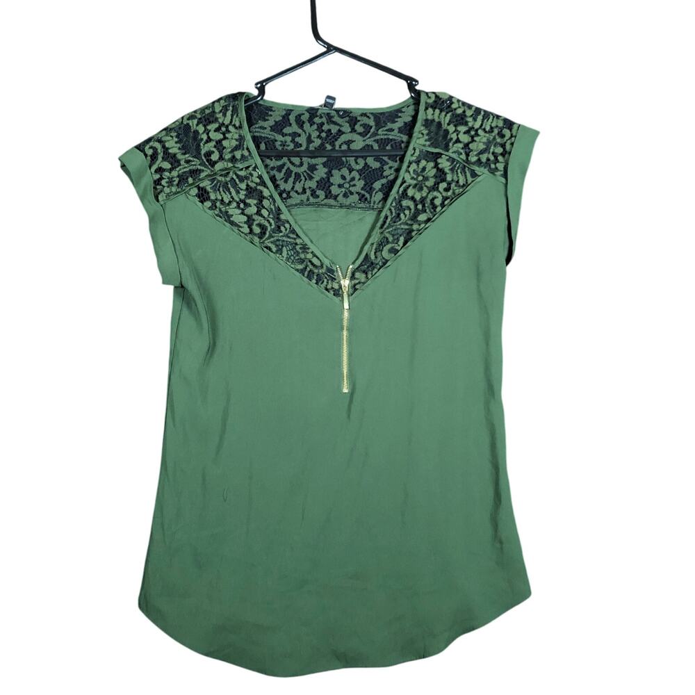 Express Womens Blouse Green V Neck Zipper Front Cap Short Sleeve Small